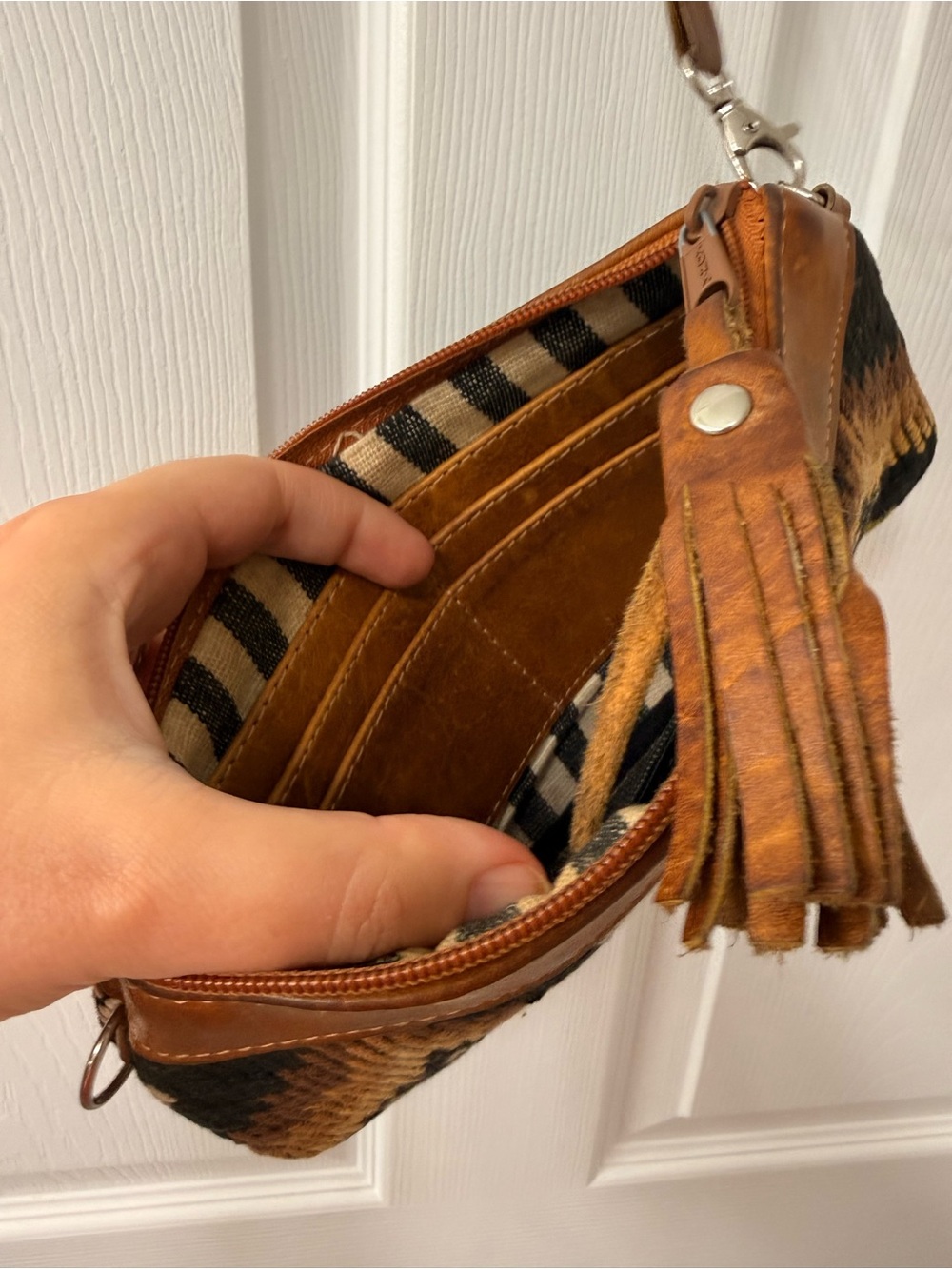 Woven Black and Brown Wristlet Clutch with Leather Trim - Picture 3 of 6
